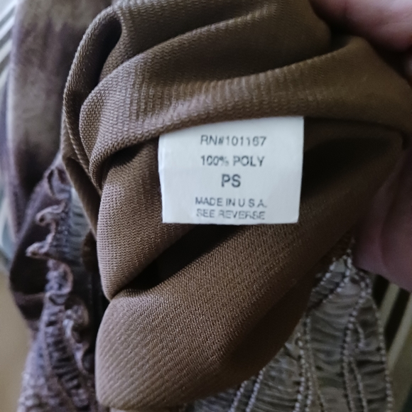 Cha Cha Vente Boho top Sheer sleeves Snake print Ruched hemline sz PS  Office - Picture 5 of 6